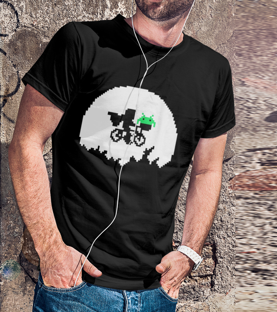 Elliott And Extra Terrestrial On Bicycle With Space Invader Pixel T-Shirt