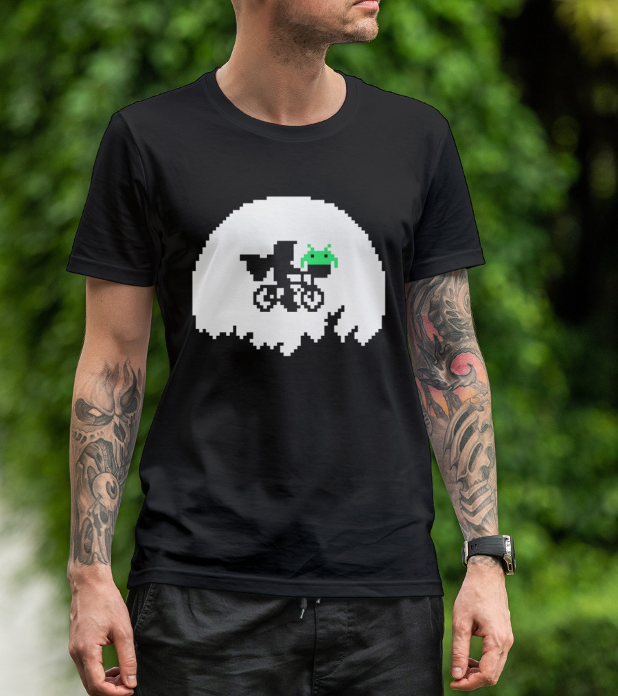 Elliott And Extra Terrestrial On Bicycle With Space Invader Pixel T-Shirt