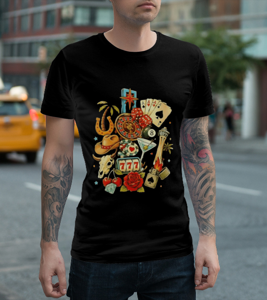 Las Vegas Casino Lucky Seven Poker Ace Of Spades Roulette Dice Palm Tree Horseshoe Rose Martini Skyscraper T-Shirt