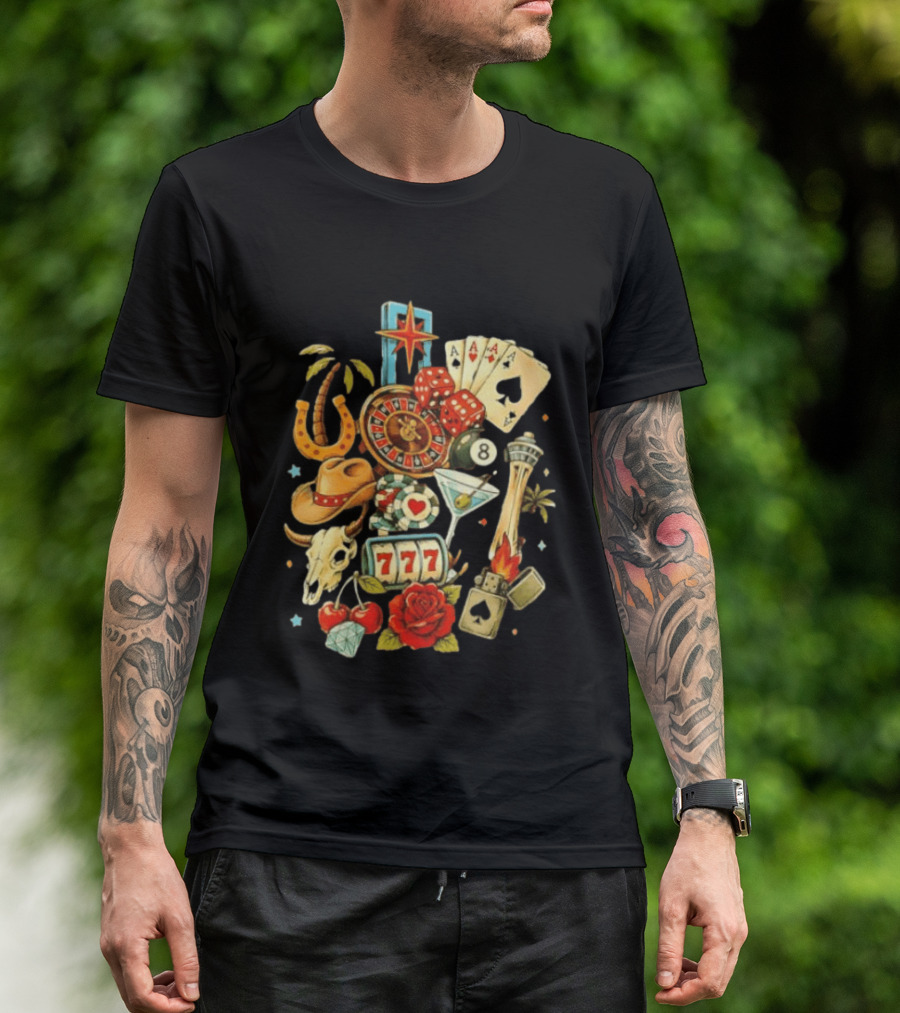 Las Vegas Casino Lucky Seven Poker Ace Of Spades Roulette Dice Palm Tree Horseshoe Rose Martini Skyscraper T-Shirt