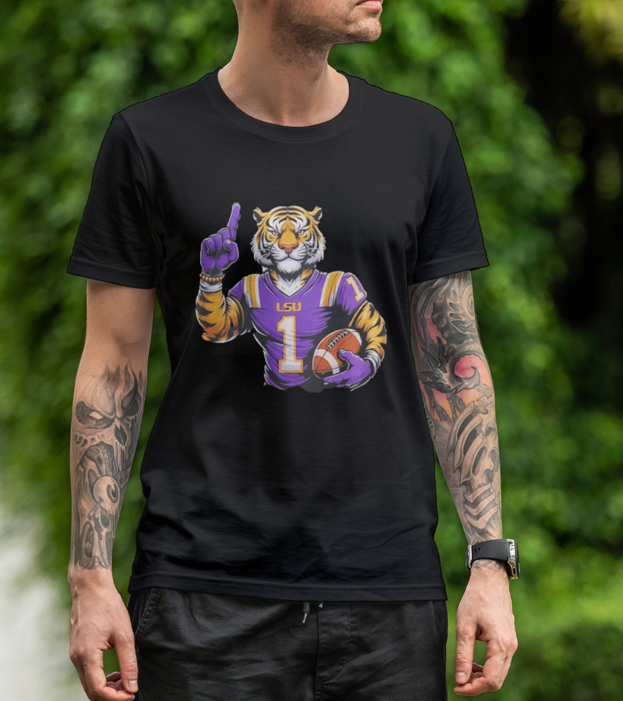 LSU Tiger Football Pointing Number 1 Holding Ball T-Shirt