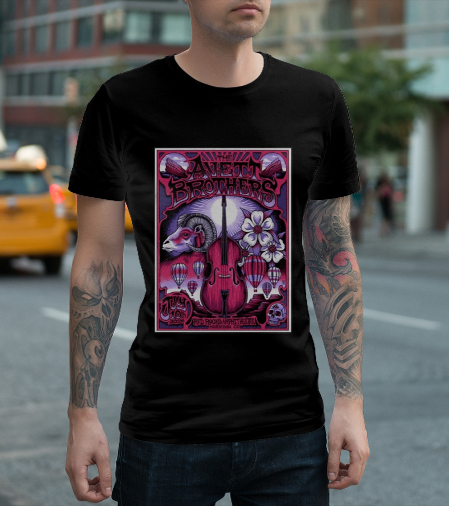 The Avett Brothers Red Rocks Amphitheatre Jul 10 2026 Morrison CO Hot Air Balloons Ram Violin Skull Art Flowers T-Shirt