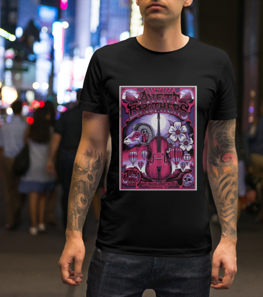 The Avett Brothers Red Rocks Amphitheatre Jul 10 2026 Morrison CO Hot Air Balloons Ram Violin Skull Art Flowers T-Shirt