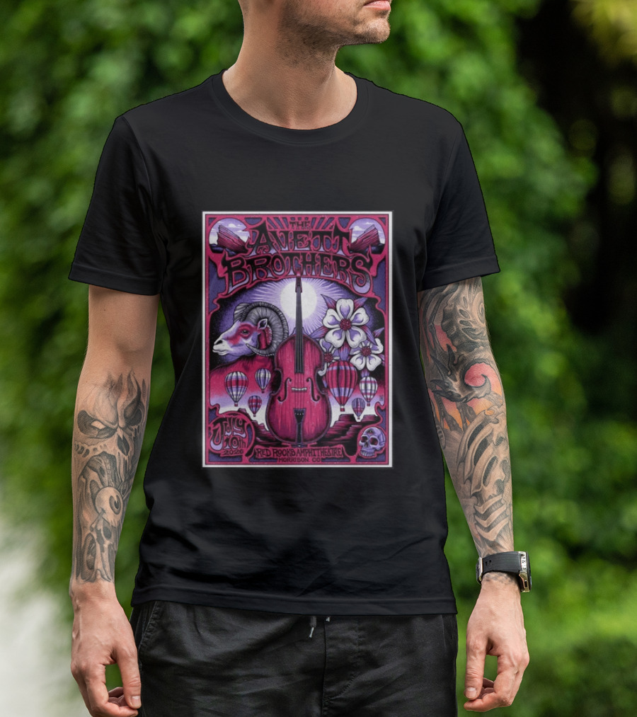 The Avett Brothers Red Rocks Amphitheatre Jul 10 2026 Morrison CO Hot Air Balloons Ram Violin Skull Art Flowers T-Shirt