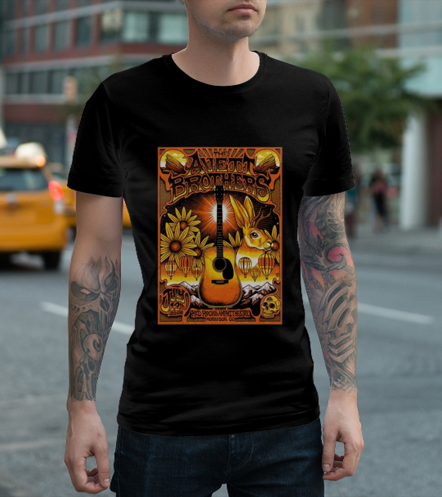 The Avett Brothers Red Rocks Amphitheatre July 12 2026 Morrison CO Guitar Sunflowers Rabbit T-Shirt