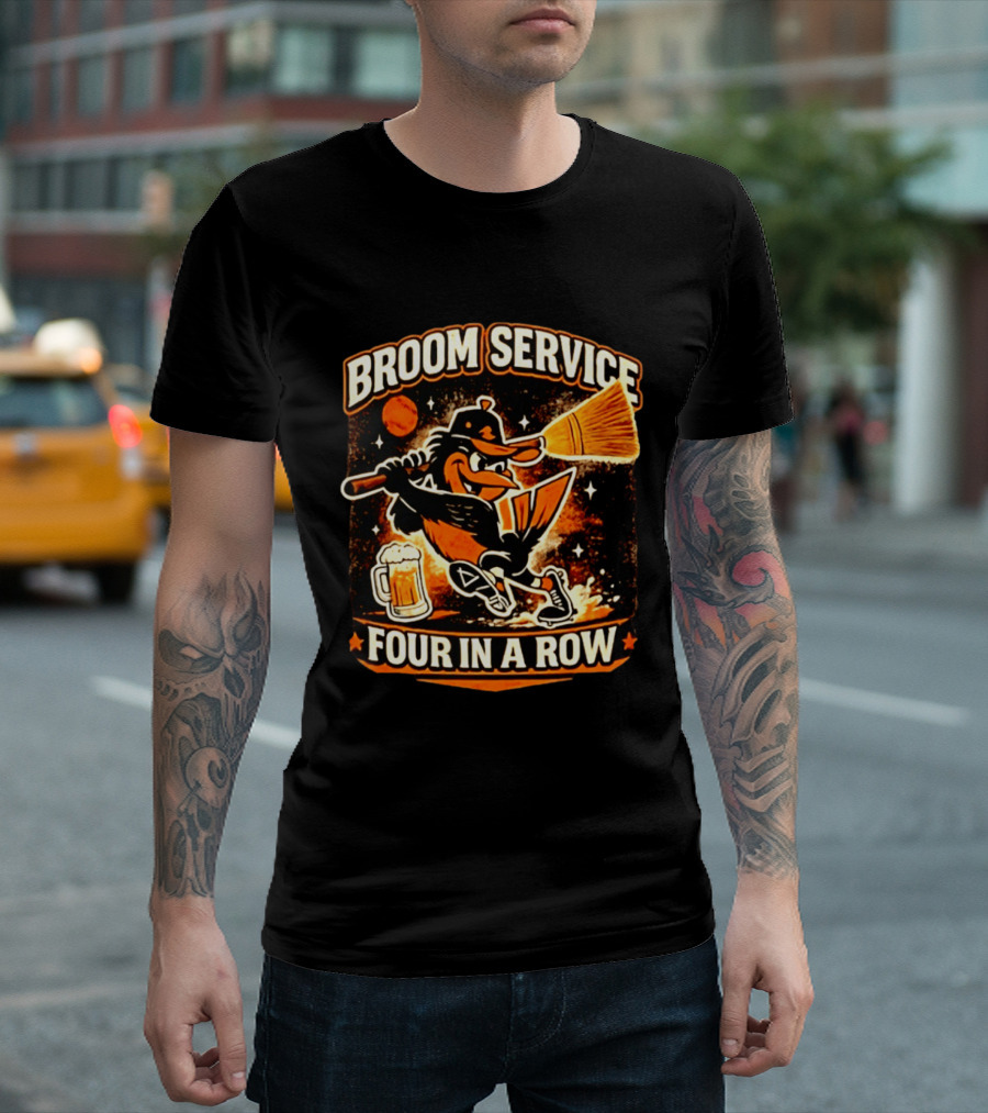 Orioles Broom Service Four In A Row Baseball Art Featuring Mascot With Broom And Beer T-Shirt