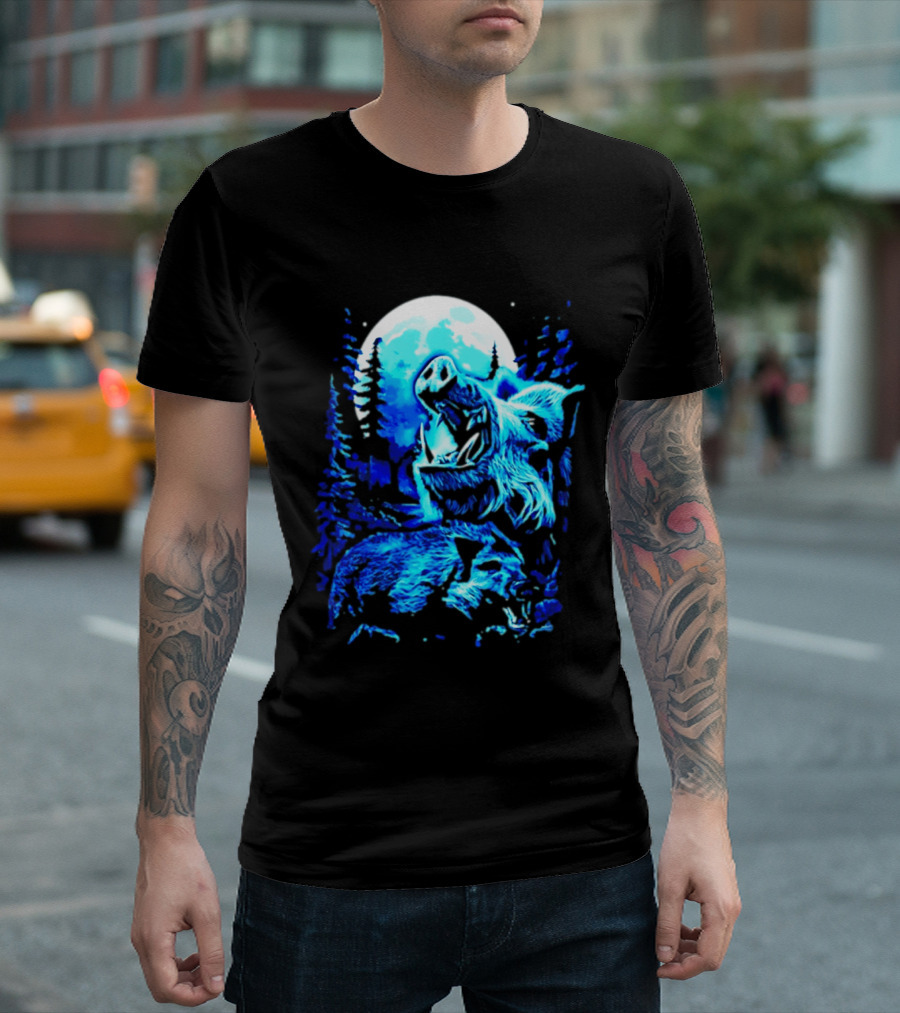 Wild Boar Howling At The Moon Under Mystical Forest Night Sky T-Shirt