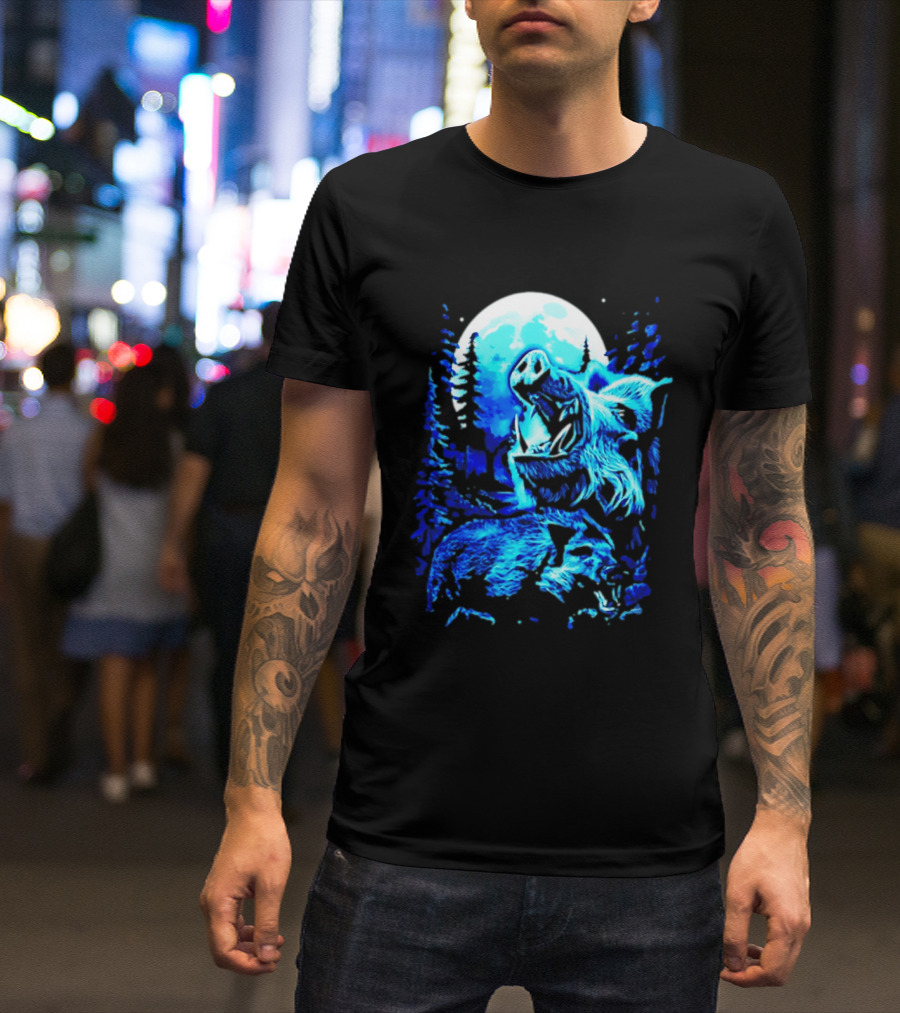 Wild Boar Howling At The Moon Under Mystical Forest Night Sky T-Shirt