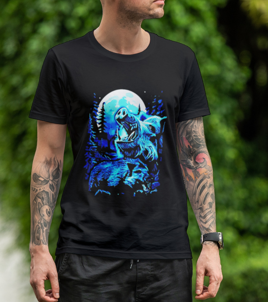 Wild Boar Howling At The Moon Under Mystical Forest Night Sky T-Shirt