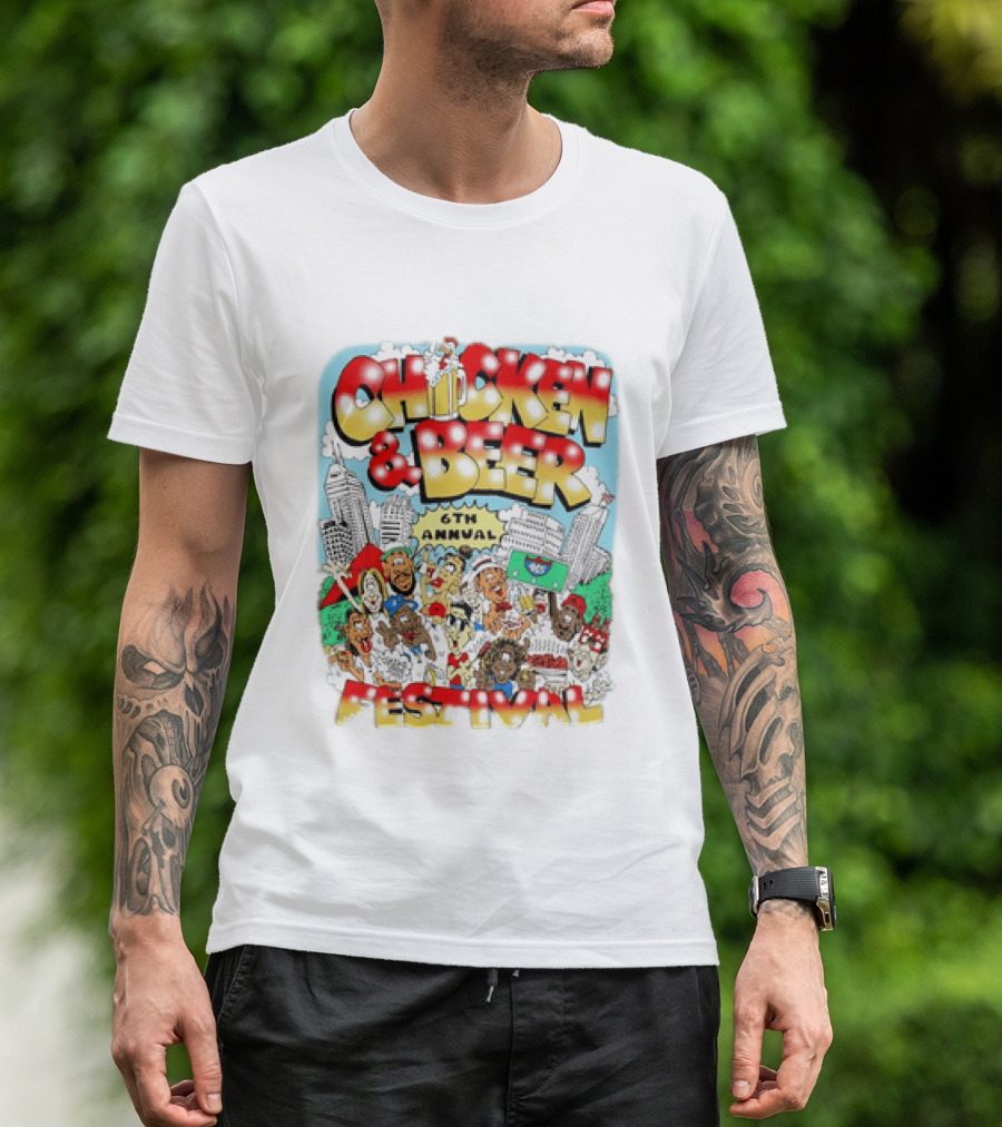 6th Annual Chicken & Beer Festival Indianapolis Cartoon Cityscape Crowd Fun T-Shirt