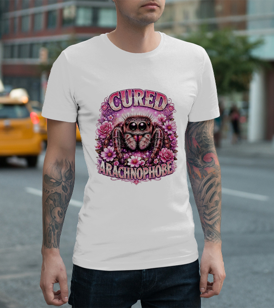Cured Arachnophobe Jumping Spider Floral Hearts And Flowers T-Shirt