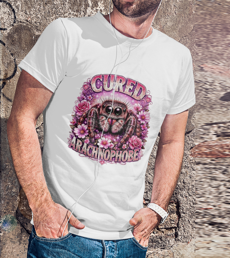 Cured Arachnophobe Jumping Spider Floral Hearts And Flowers T-Shirt