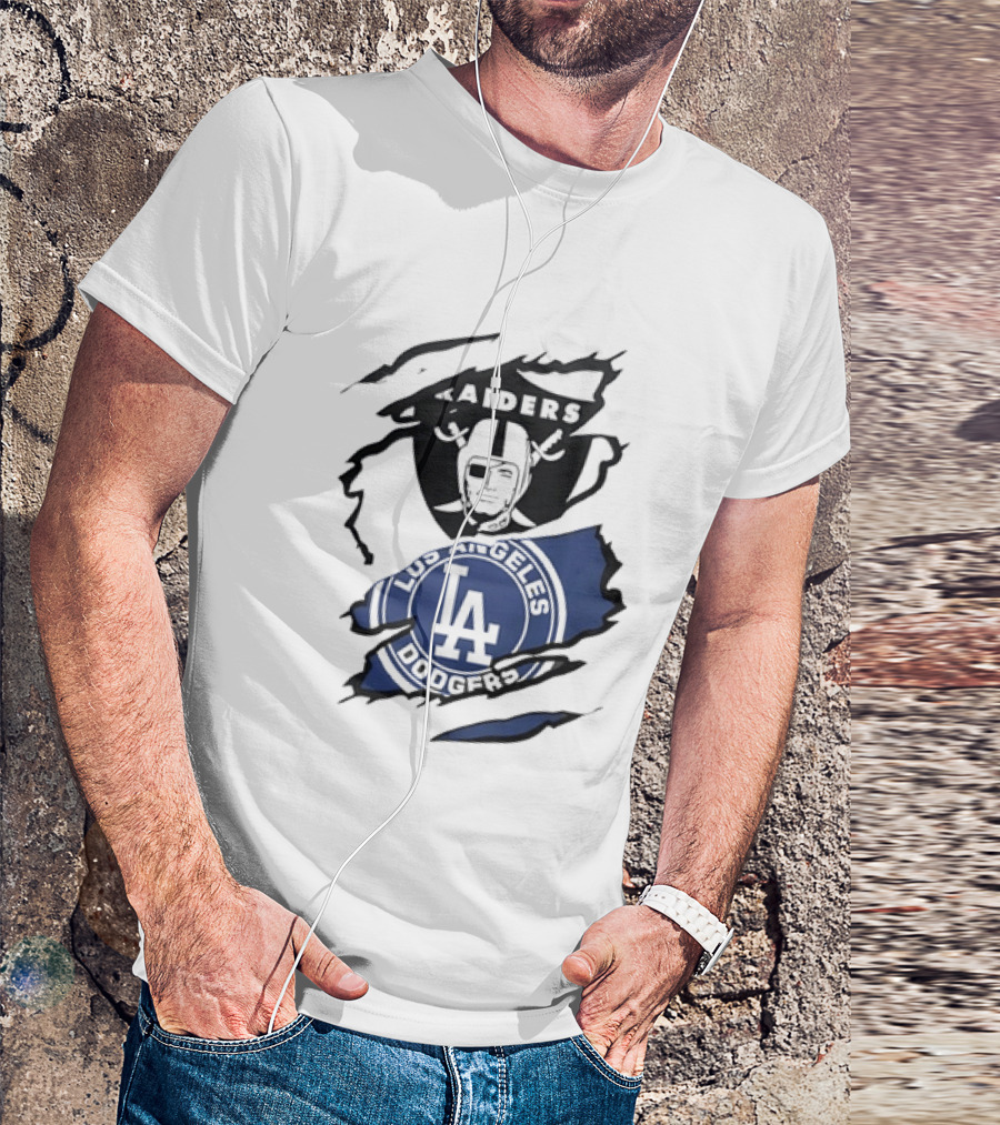 Raiders Los Angeles Dodgers Ripped Effect NFL MLB Crossover Fan Gear T-Shirt