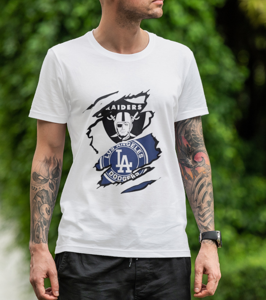 Raiders Los Angeles Dodgers Ripped Effect NFL MLB Crossover Fan Gear T-Shirt