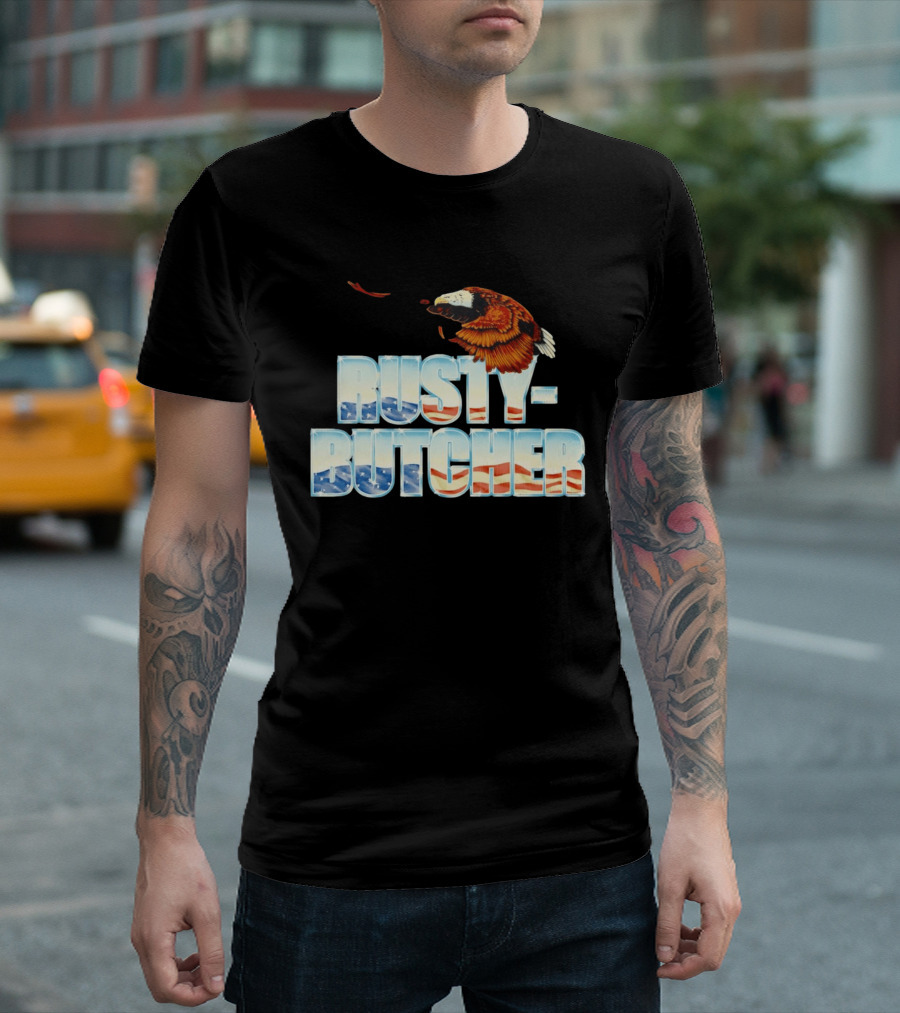 Rusty Butcher American Eagle With Patriotic Stars And Stripes T-Shirt