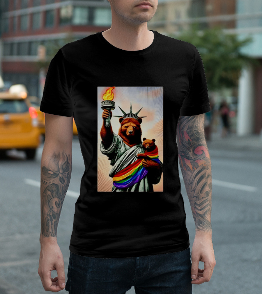 Bear Statues Liberty Rainbow Pride Torch T-Shirt