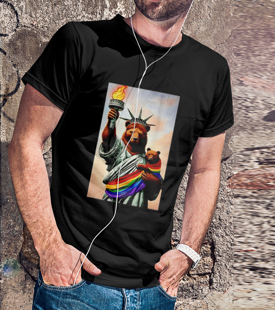 Bear Statues Liberty Rainbow Pride Torch T-Shirt