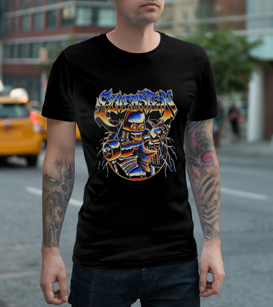 Sykastem Heavy Metal Skeleton Cyborg Holding Heart T-Shirt