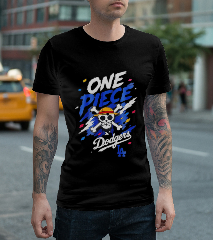 One Piece Dodgers LA Crossover With Jolly Roger And Straw Hat T-Shirt