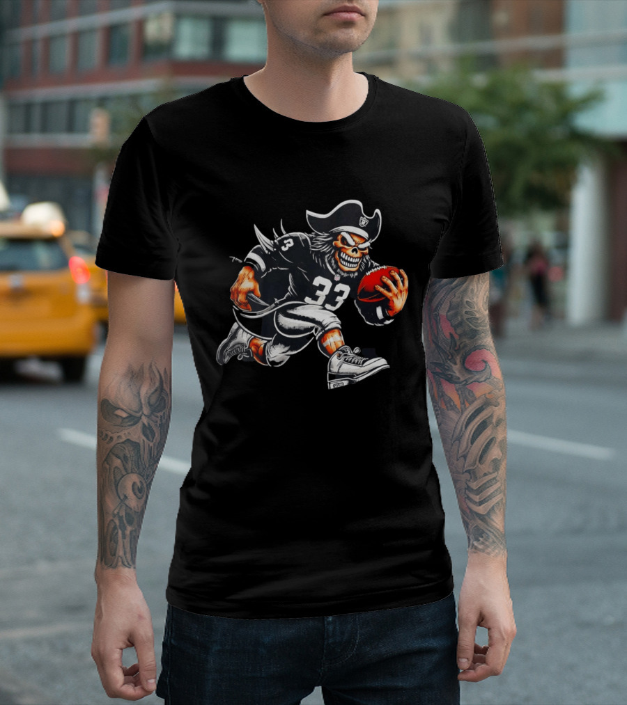 Raiders Skeleton Pirate Running With Football Number 33 T-Shirt