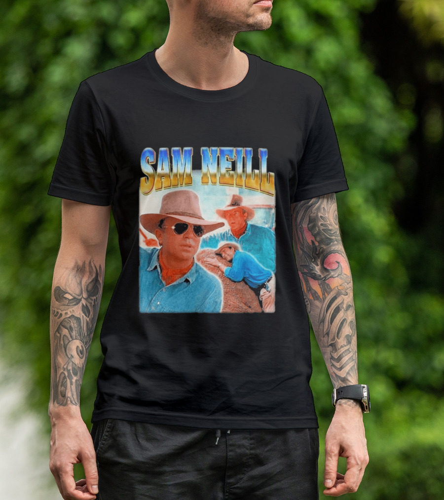 Sam Neill Cowboy Style Hat Sunglasses Denim Vintage Trendy 2026 T-Shirt