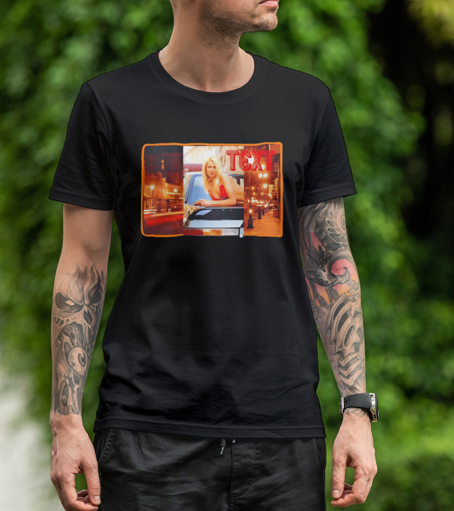 Blonde Woman In Red Bikini Leaning On Car At Night With Neon City Lights T-Shirt