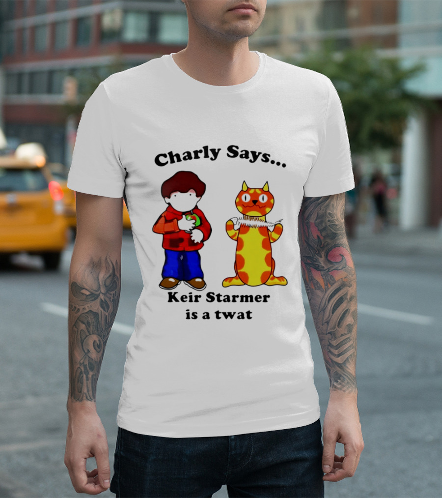 Charly Says Keir Starmer Is A Twat Comic Retro Style Cat And Kid T-Shirt