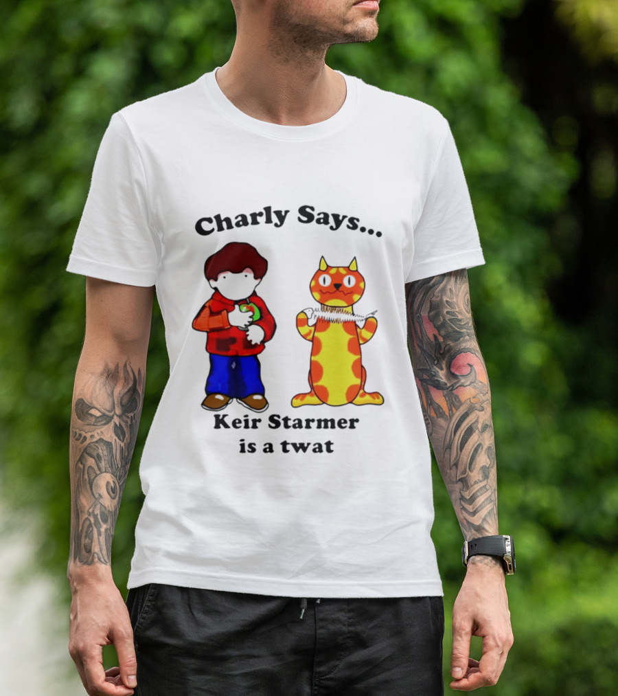 Charly Says Keir Starmer Is A Twat Comic Retro Style Cat And Kid T-Shirt