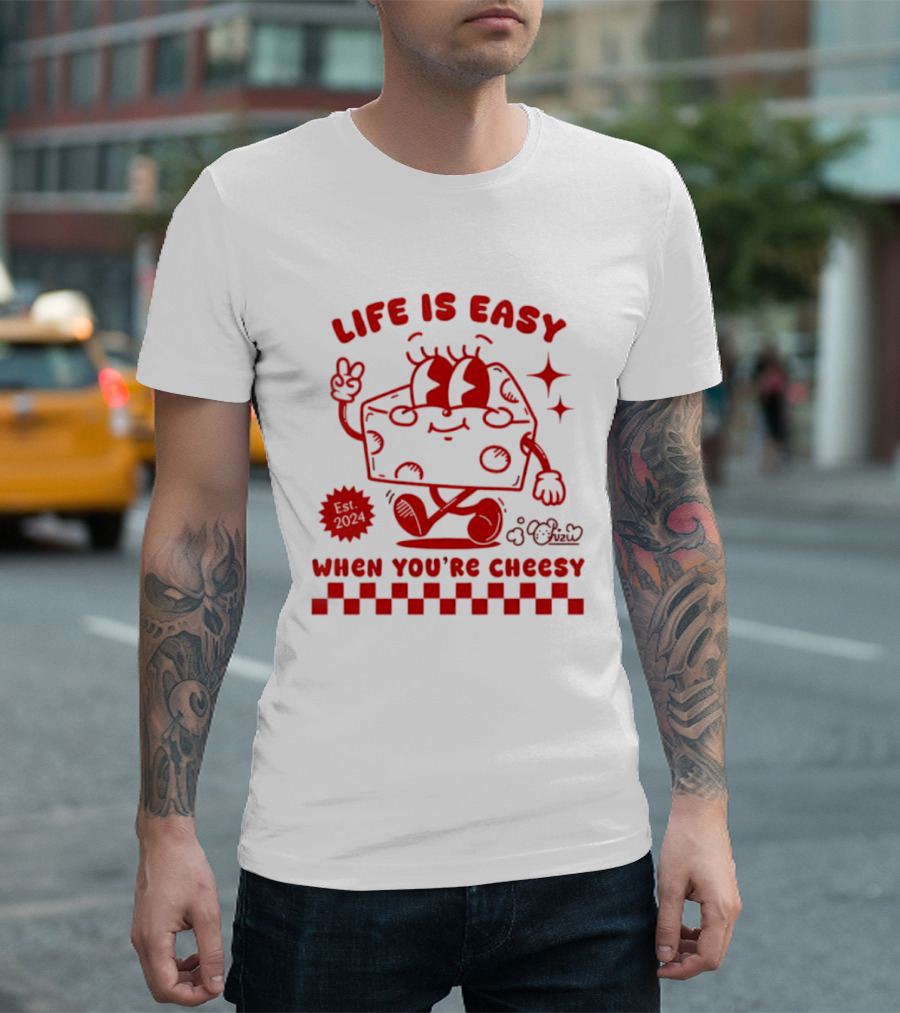 Life Is Easy When You're Cheesy Cartoon Cheese Character With Peace Sign And Stars T-Shirt