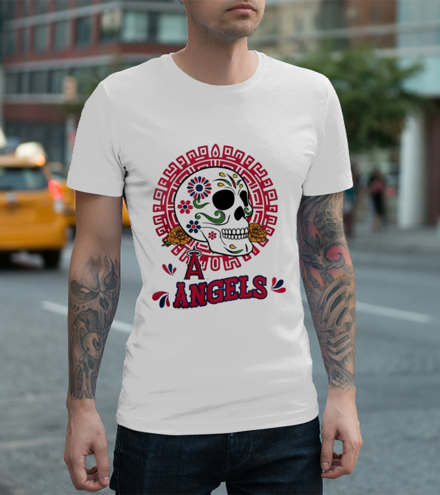 Los Angeles Angels Dia De Los Muertos Sugar Skull Aztec Calendar T-Shirt
