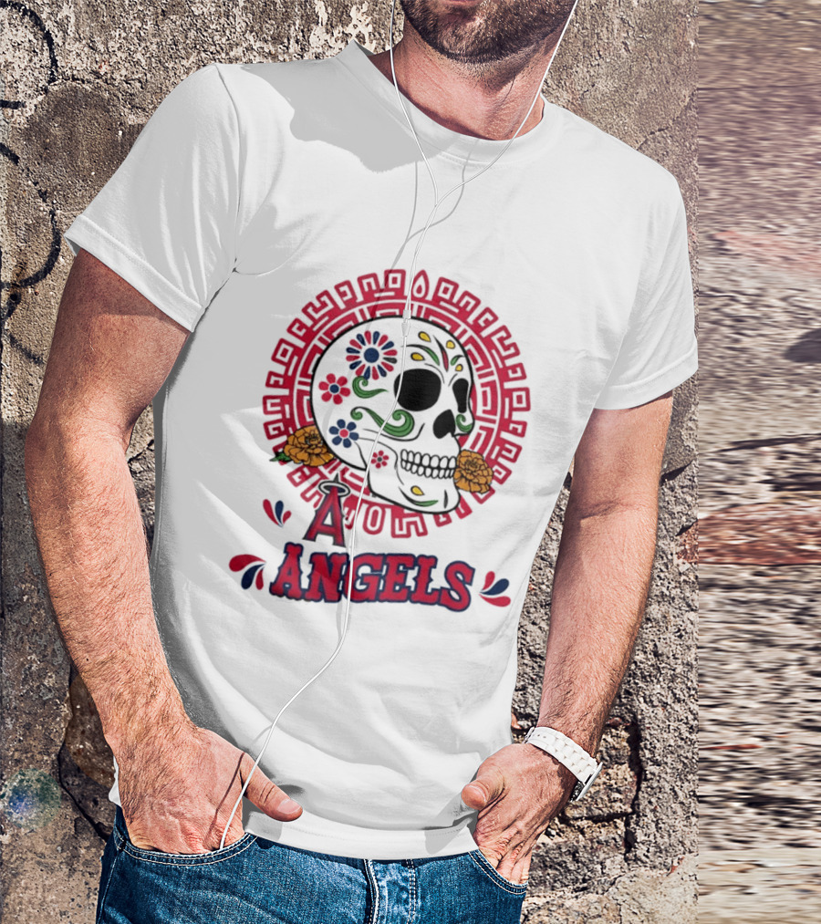 Los Angeles Angels Dia De Los Muertos Sugar Skull Aztec Calendar T-Shirt