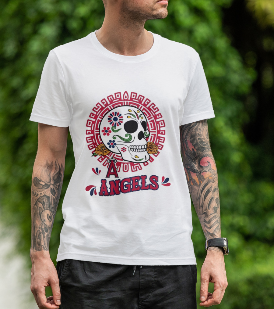 Los Angeles Angels Dia De Los Muertos Sugar Skull Aztec Calendar T-Shirt