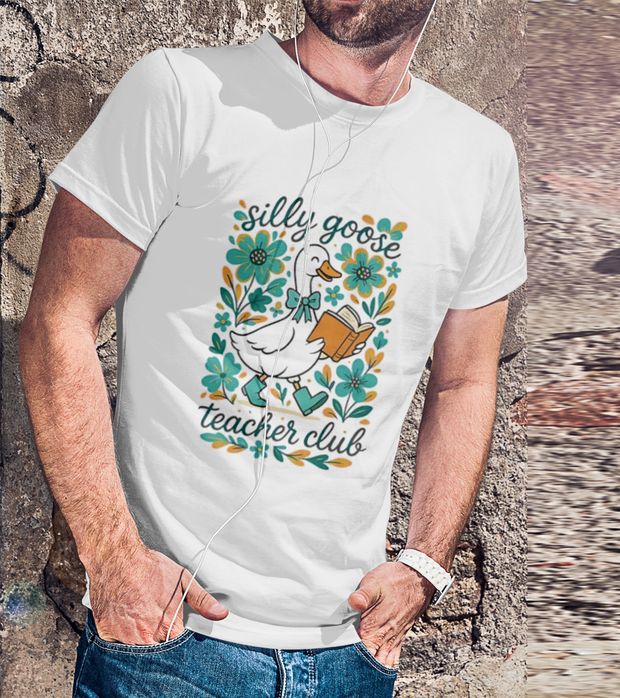 Silly Goose Teacher Club Reading Goose With Flowers And Rain Boots T-Shirt