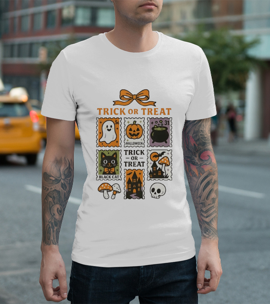 Trick Or Treat Halloween Ghost Pumpkin Cauldron Black Cat Haunted House T-Shirt