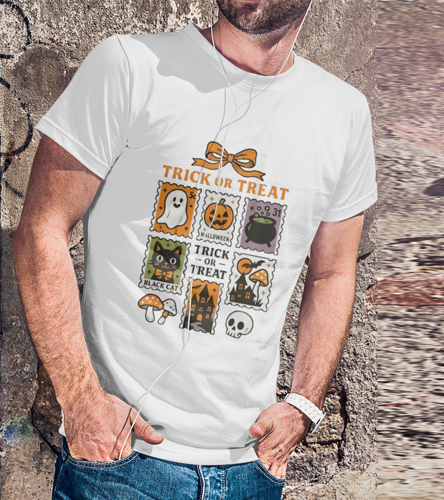 Trick Or Treat Halloween Ghost Pumpkin Cauldron Black Cat Haunted House T-Shirt
