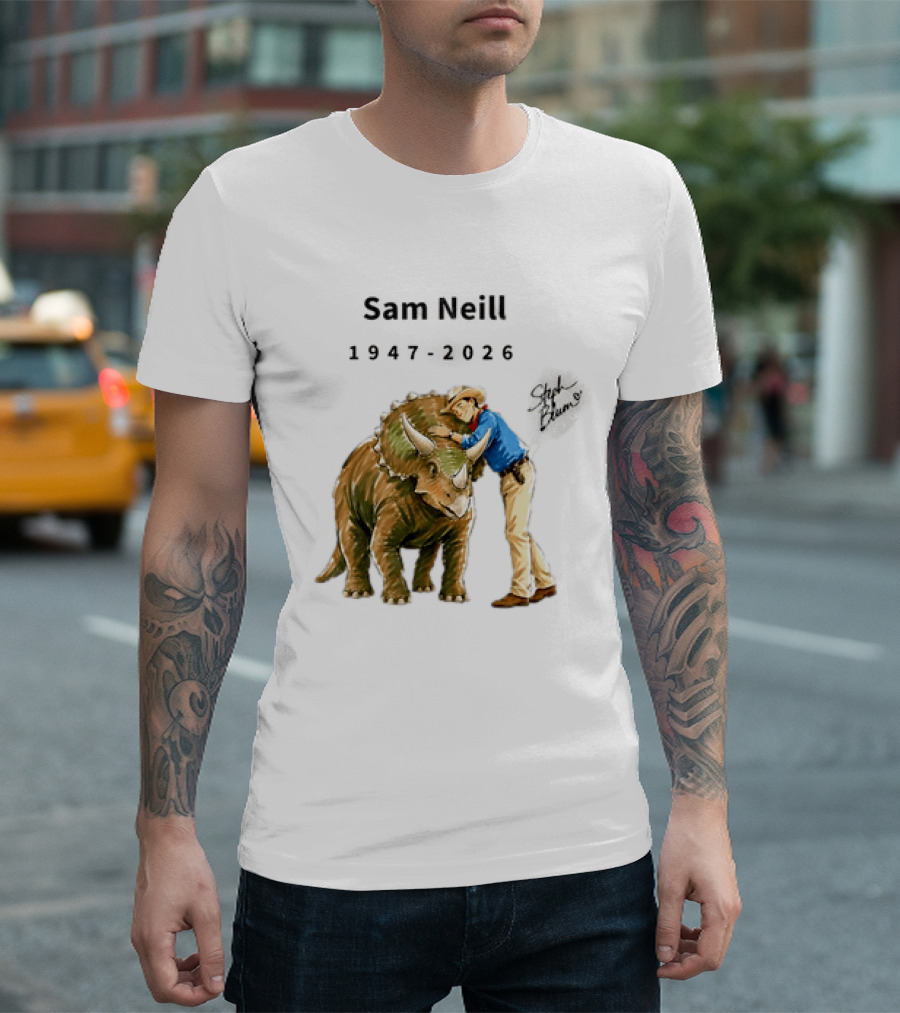 Sam Neill 1947 2026 Jurassic Park Iconic Triceratops Scene T-Shirt