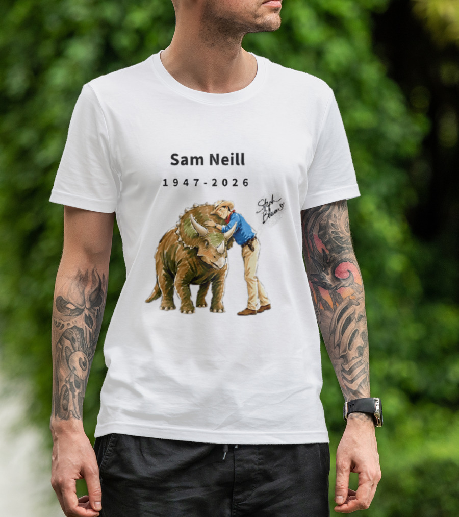 Sam Neill 1947 2026 Jurassic Park Iconic Triceratops Scene T-Shirt