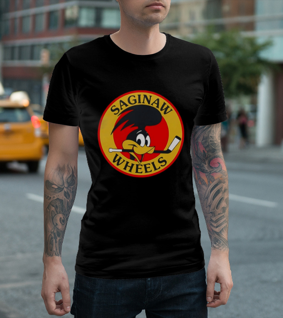 Saginaw Wheels Hockey Cartoon Character With Hockey Stick T-Shirt