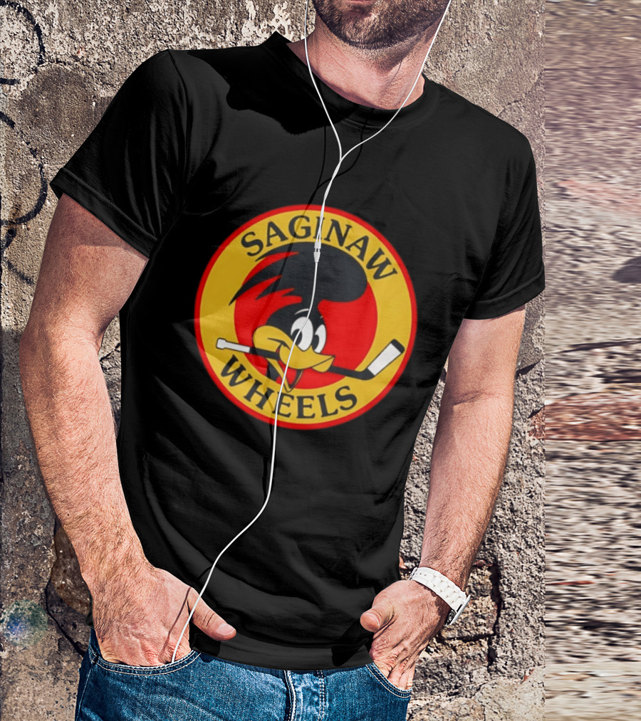 Saginaw Wheels Hockey Cartoon Character With Hockey Stick T-Shirt