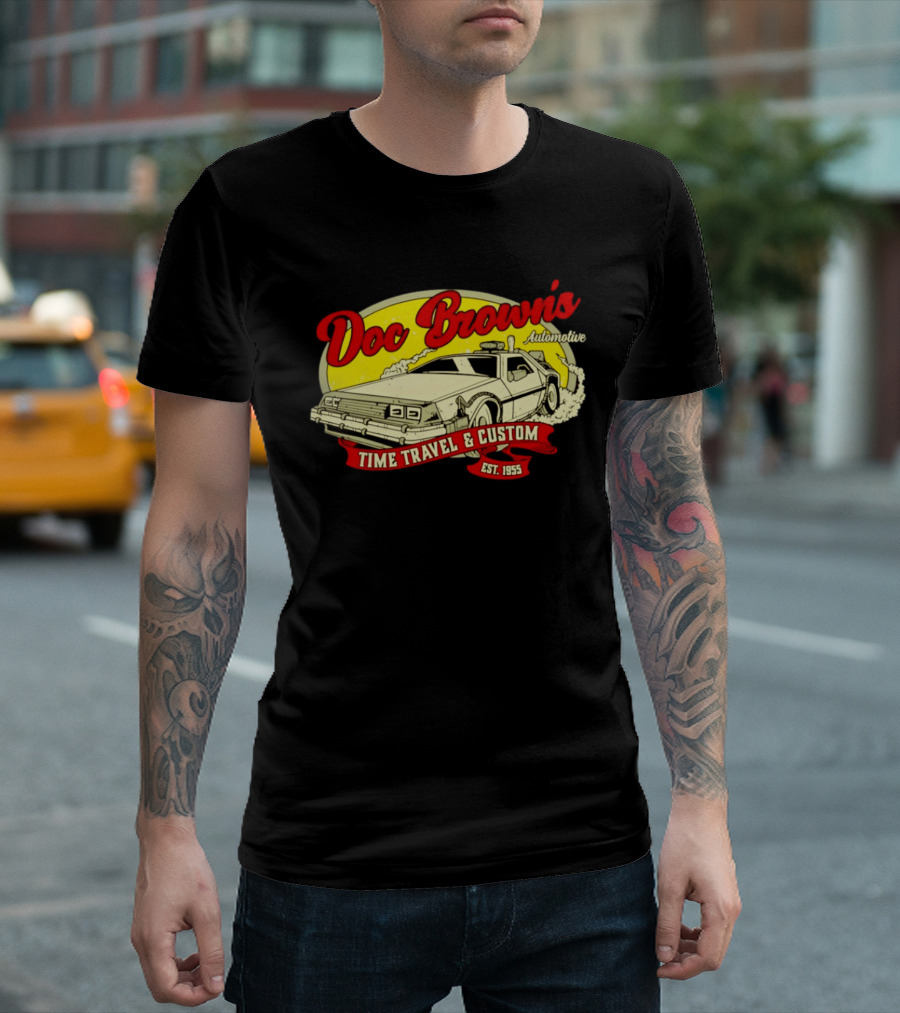 Doc Brown's Automotive Time Travel & Custom Est 1955 Classic DeLorean T-Shirt