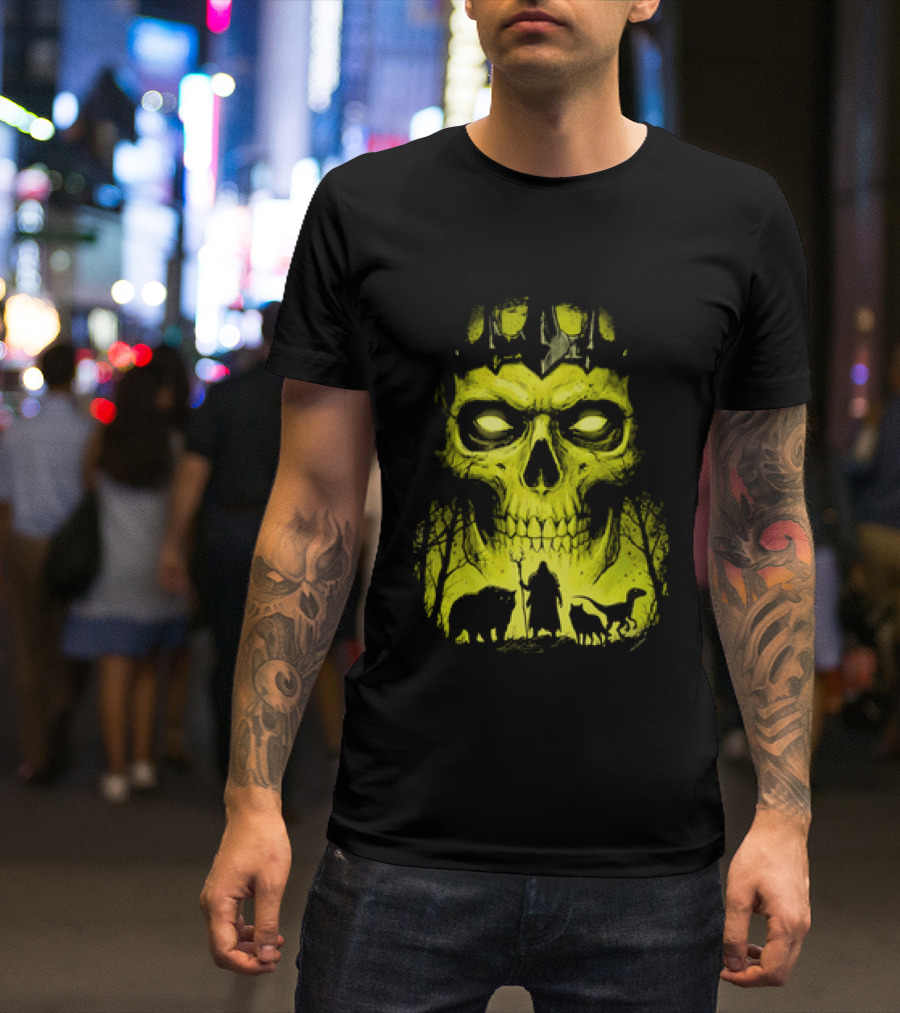 Lych Vs Druid Fantasy Dark Necromancer Skull T-Shirt