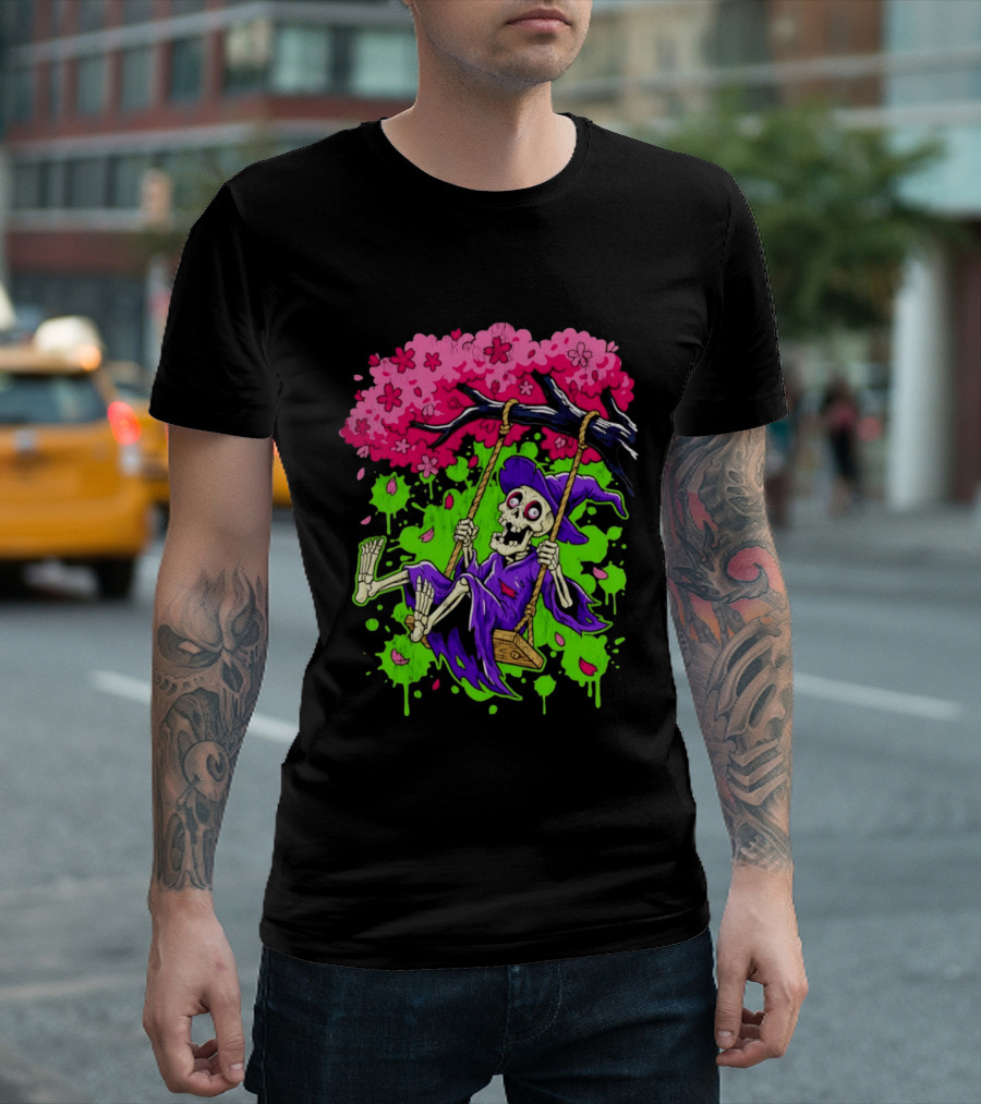 Morbid Whimsy Skeleton Witch Swinging Under Cherry Blossom Tree T-Shirt