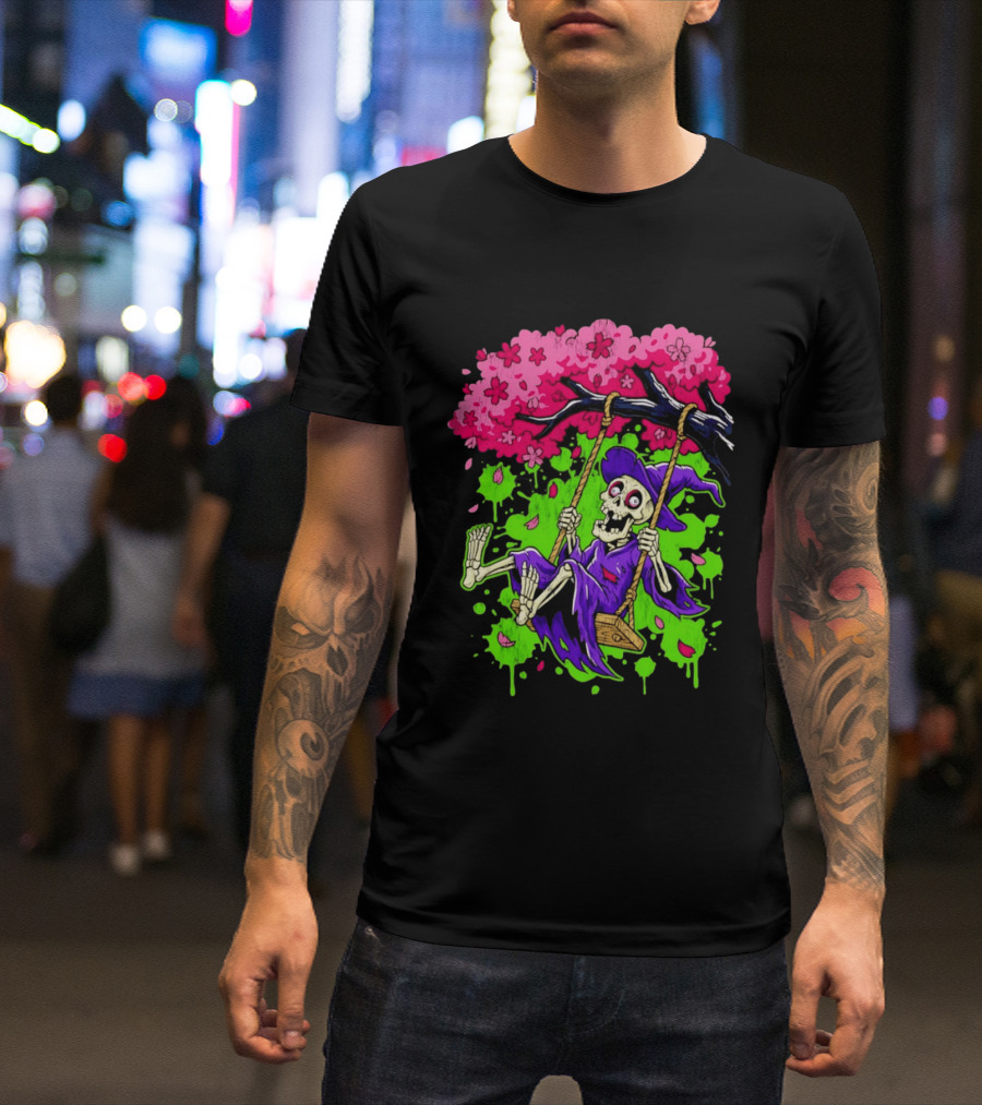Morbid Whimsy Skeleton Witch Swinging Under Cherry Blossom Tree T-Shirt