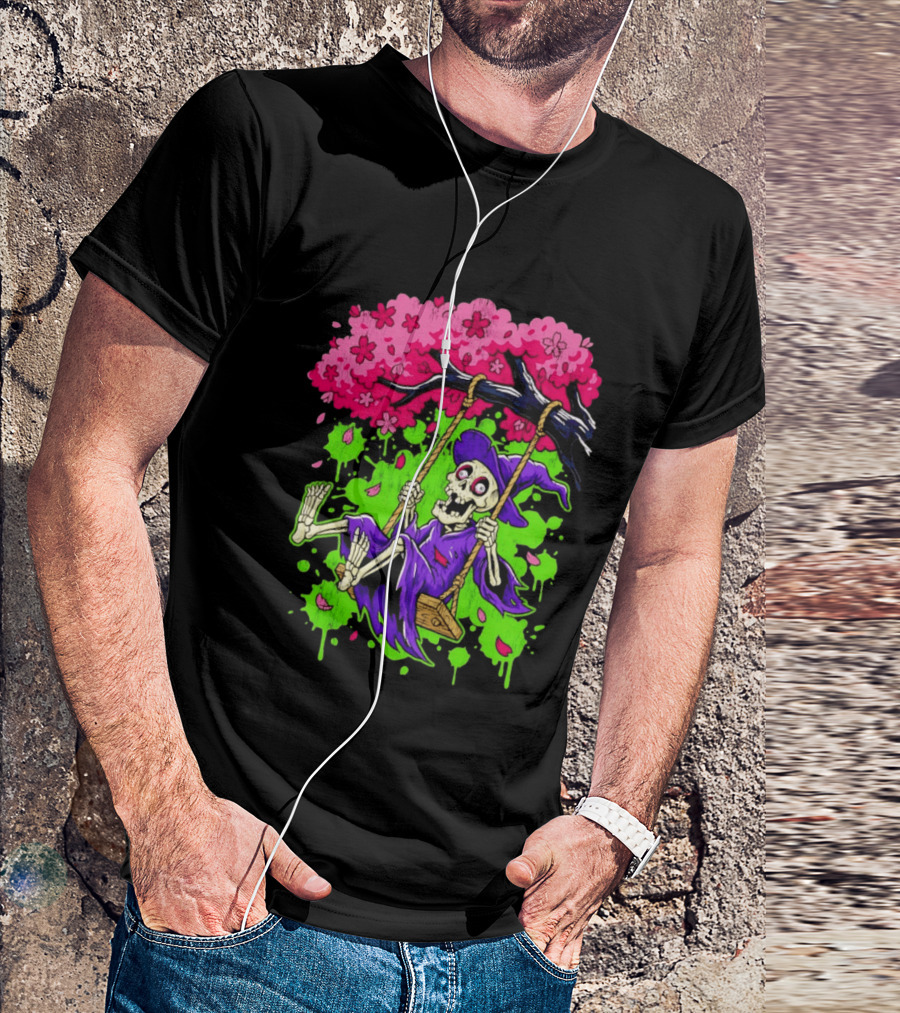 Morbid Whimsy Skeleton Witch Swinging Under Cherry Blossom Tree T-Shirt