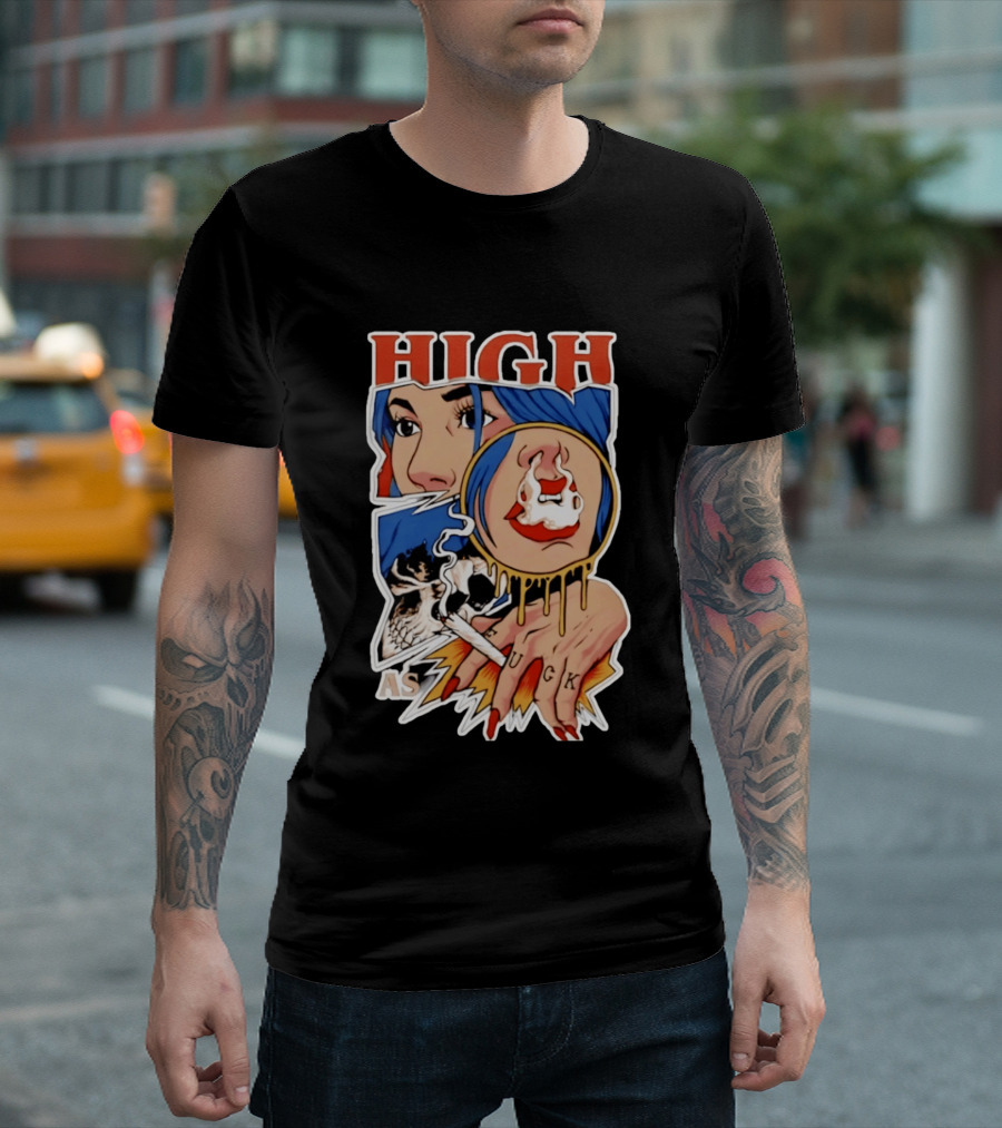 High As Fuck Smoking Skull Woman With Blue Hair And Tattooed Hand T-Shirt
