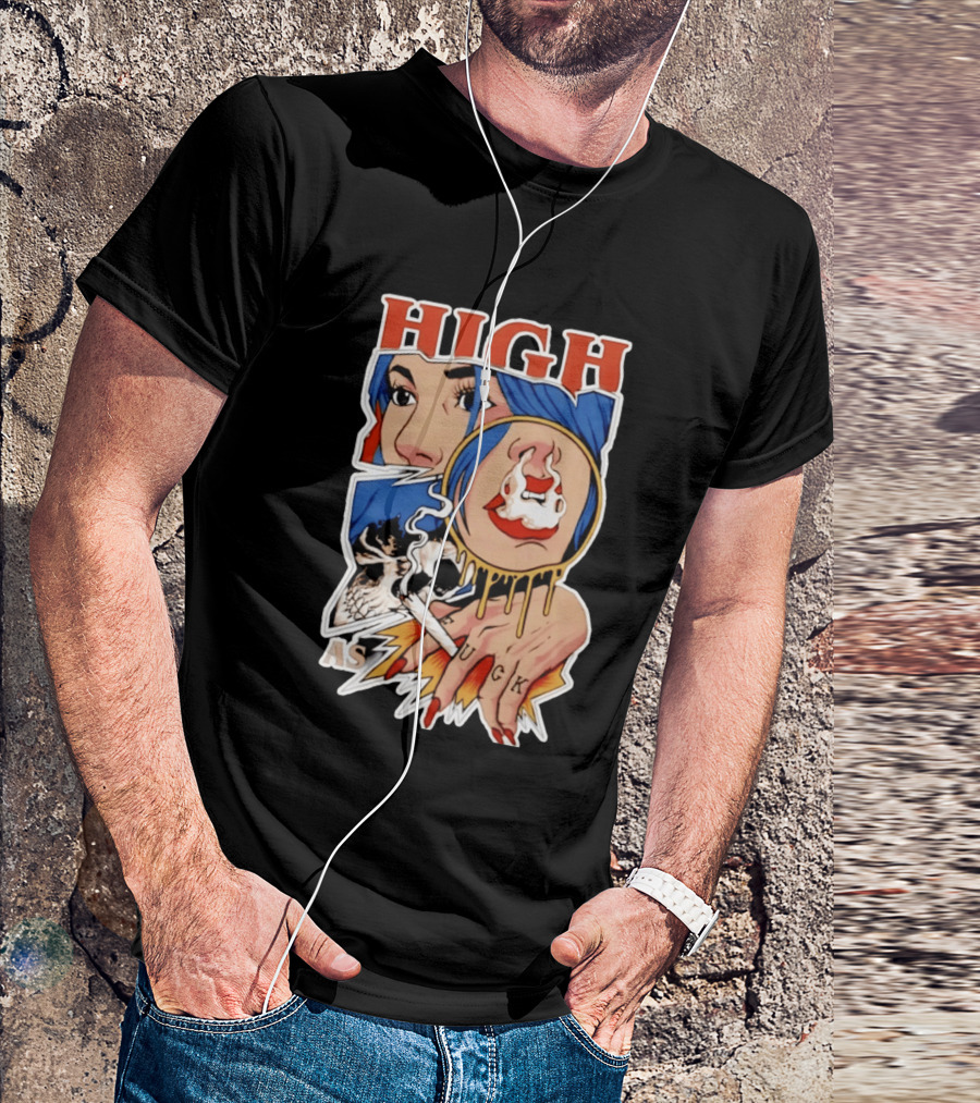 High As Fuck Smoking Skull Woman With Blue Hair And Tattooed Hand T-Shirt