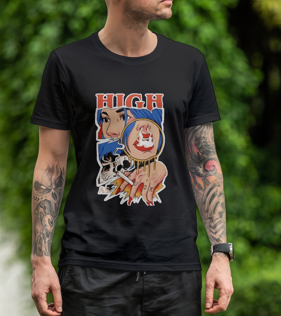 High As Fuck Smoking Skull Woman With Blue Hair And Tattooed Hand T-Shirt