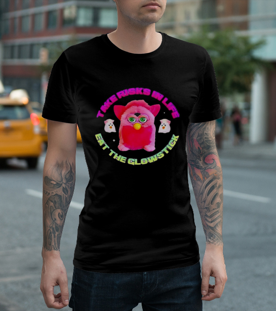 Pink Furby Take Risks In Life Eat The Glowstick Vibrant Retro Toy Aesthetic T-Shirt