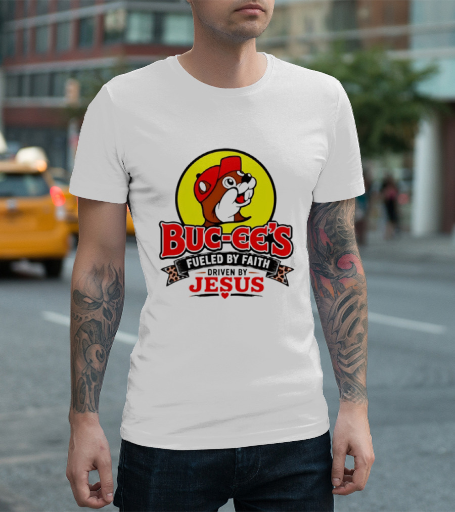 Buc Ee's Fueled By Faith Driven By Jesus Yellow Circle Red Cap T-Shirt