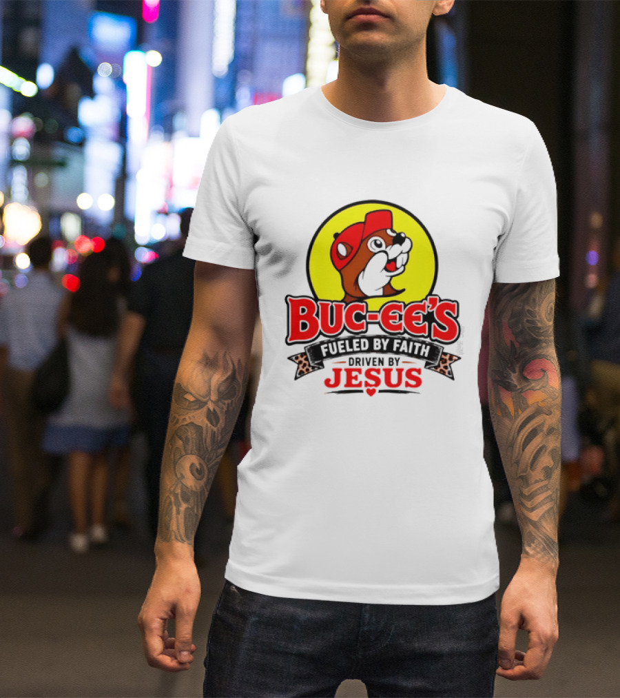 Buc Ee's Fueled By Faith Driven By Jesus Yellow Circle Red Cap T-Shirt